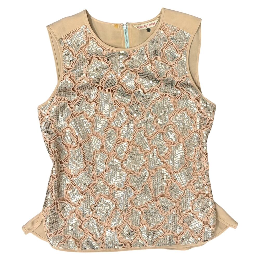Rebecca Taylor Sleeveless Tan Silver Sequin Demi Peplum Silk Tank Blouse size 6